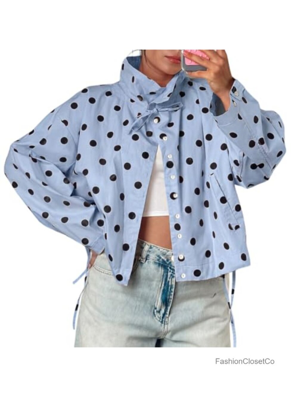 Cropped Polka Dot Trench Coat Women Lightweight Adjustable Long Sleeve Lapel